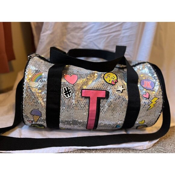 Justice "T” Silver Sequin Emoji‎ Duffle Bag USED - Picture 1 of 9